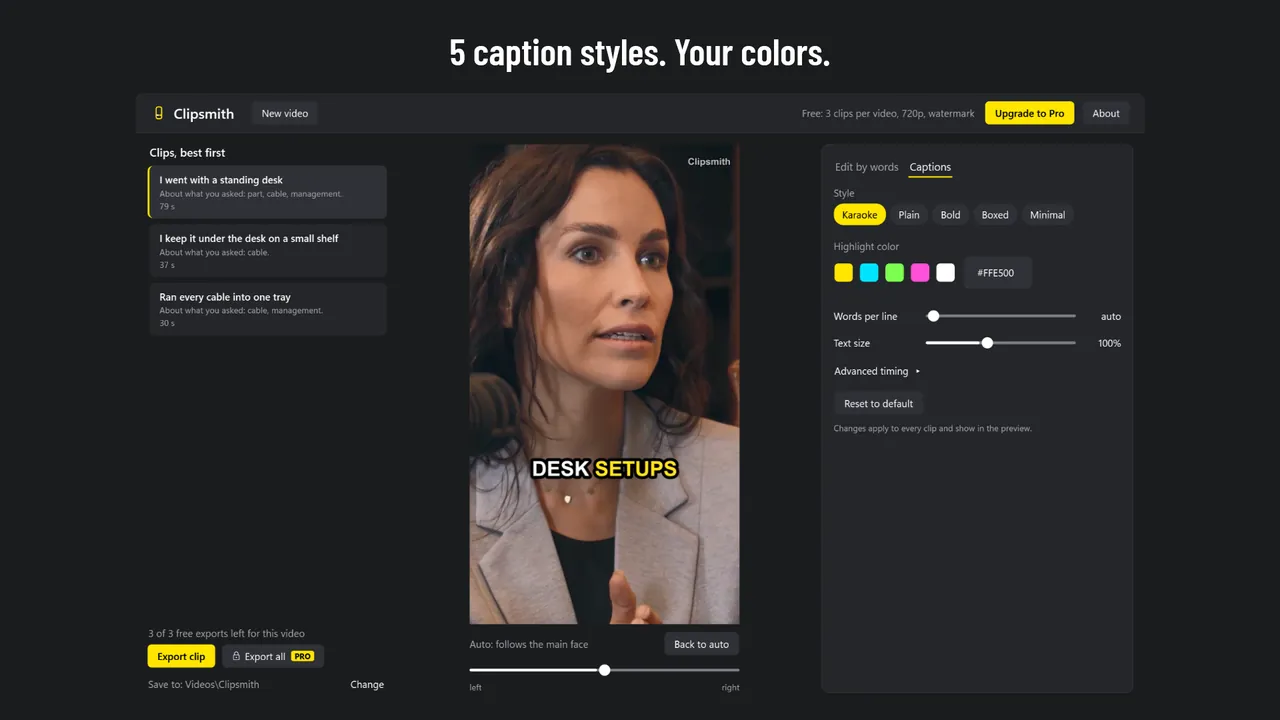The Captions tab: 5 styles, highlight color, text size and timing.