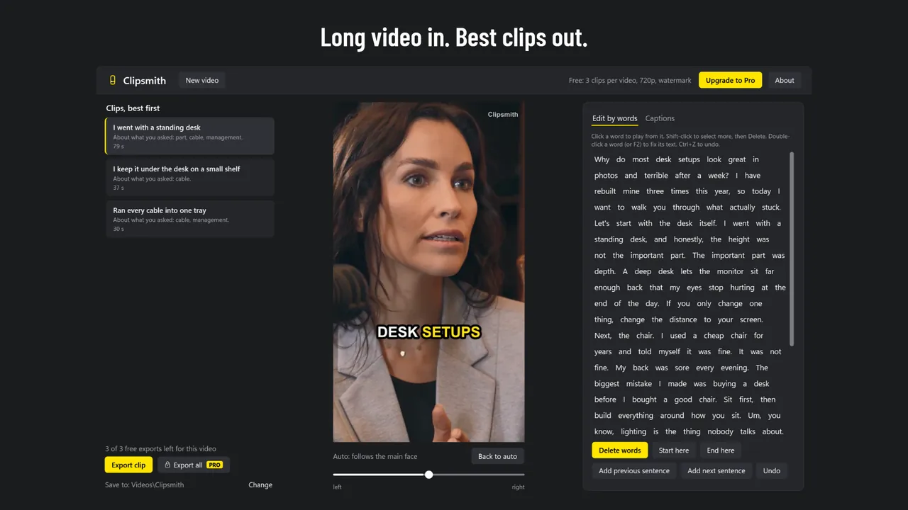 The results list in the free version: clips best first, each with the reason it was picked, and the 9:16 preview with the watermark.