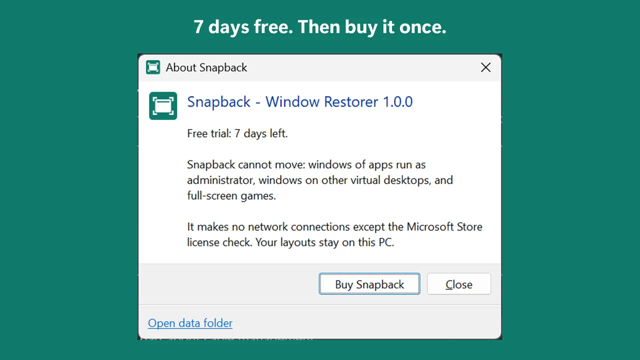 The About box: 7 days free, then a one-time purchase.